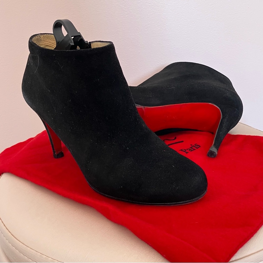 👠 37 1/2 Christian Louboutin Black Suede Ankle Boots with Iconic Red Sole 85 mm